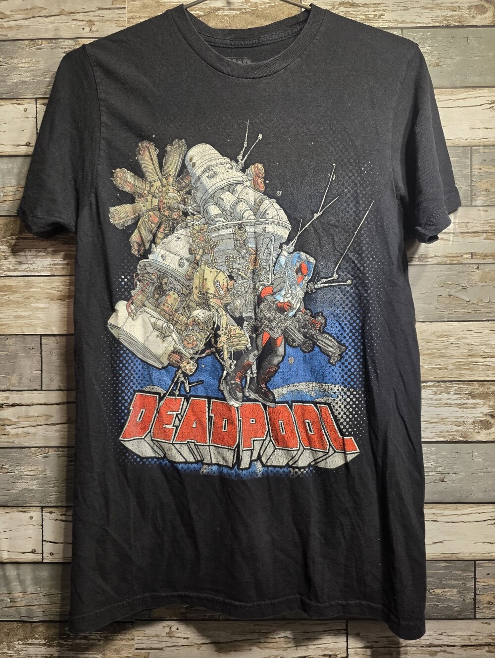 Marvel Deadpool Graphic Tee in Black with Red and Blue Print